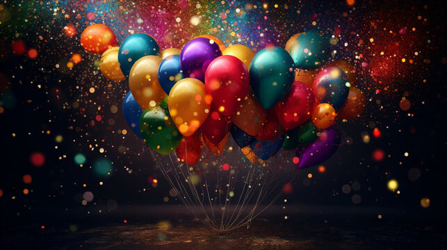 A festive arrangement of colorful balloons and confetti for a joyful celebration. Perfect for multi-colored birthday party decorations and social events. Ai generative.