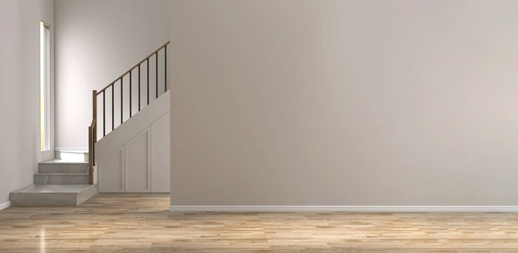 Large blank beige wall room, brown parquet floor with L shape stair, window at landing staircase, wooden balustrades and handrail with storage under for interior design, architecture background 3D
