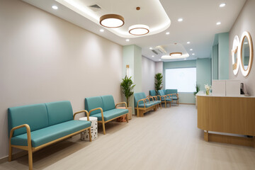 A clean and bright modern clinic interior with wooden flooring, table and chair. Ai generative.