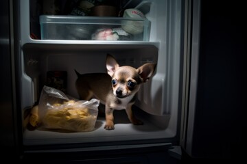 Chihuahua puppy in the full with food refrigerator. Puppy forgotten in the fridge