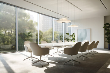 Modern office conference room with chairs and large windows Ai generative.