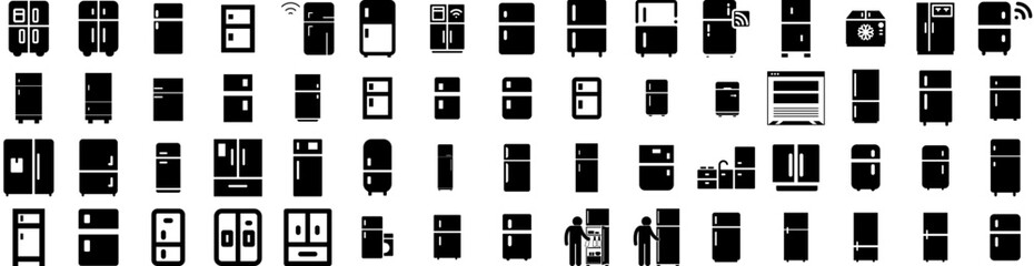 Set Of Fridge Icons Isolated Silhouette Solid Icon With Home, Refrigerator, Appliance, Freezer, Kitchen, Fridge, Food Infographic Simple Vector Illustration Logo