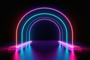 A neon glow arch in the background makes for a stunning performance space on a multi colored abstract stage. Ai generative.