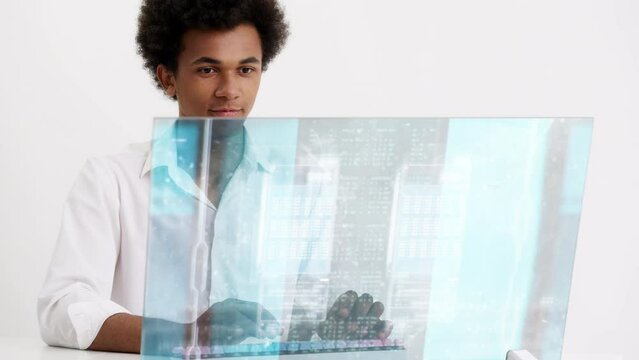 Programmer working on a new software using advanced the equipment, typing code. Futuristic technology on white background