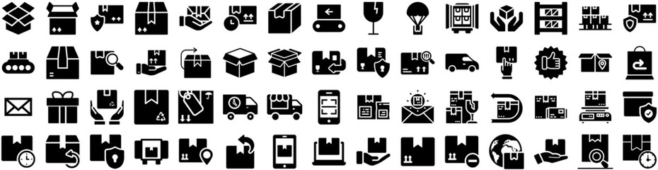 Set Of Parcel Icons Isolated Silhouette Solid Icon With Parcel, Shipping, Delivery, Post, Package, Service, Box Infographic Simple Vector Illustration Logo