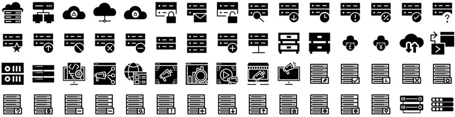Fototapeta na wymiar Set Of Server Icons Isolated Silhouette Solid Icon With Internet, Network, Information, Data, Technology, Computer, Server Infographic Simple Vector Illustration Logo