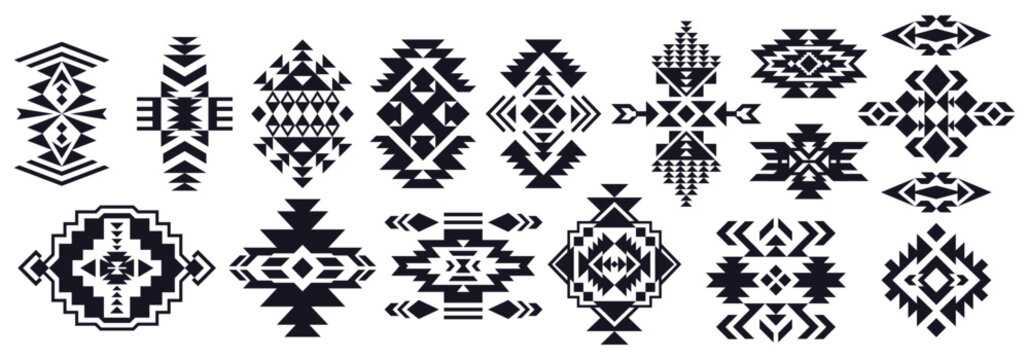 Set of Aztec decorative elements. Tribal design patterns. Ethnic geometric symbols. Boho style.