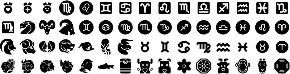 Set Of Zodiac Icons Isolated Silhouette Solid Icon With Symbol, Horoscope, Sign, Illustration, Zodiac, Astrology, Vector Infographic Simple Vector Illustration Logo