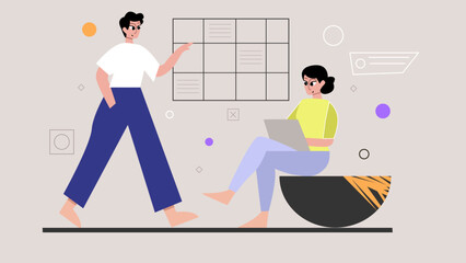 Business topics - office work, web template. Flat style modern vector concept illustration. Man and woman working on laptop. Office workplace concept
