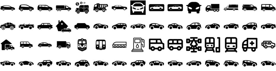 Set Of Vehicle Icons Isolated Silhouette Solid Icon With Car, Vehicle, Power, Auto, Transport, Battery, Technology Infographic Simple Vector Illustration Logo