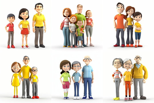 Set of Cute 3D Families with Parents, Grandparents, and Children - Created with Generative AI and Other Techniques