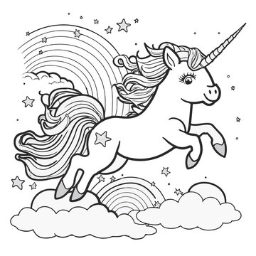 Unicorn vector coloring book black and white for kids isolated line art on white background.	