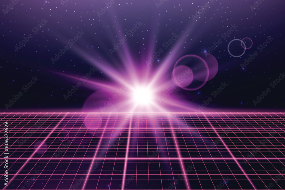 Poster wireframe perspective grid with lens flare. space neon infinity mesh, abstract retro background. vec