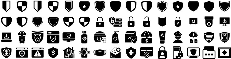 Set Of Protection Icons Isolated Silhouette Solid Icon With Concept, Shield, Protection, Protect, Safety, Secure, Technology Infographic Simple Vector Illustration Logo