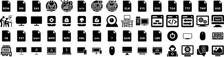 Set Of Computer Icons Isolated Silhouette Solid Icon With Display, Screen, Computer, Laptop, Modern, Business, Technology Infographic Simple Vector Illustration Logo