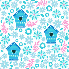 Vector seamless pattern with bird houses, flowers and twigs of plants. Floral pastel background. Great for wallpaper design, clothing, textile printing, wrapping paper and more