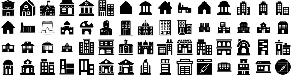 Obraz premium Set Of Building Icons Isolated Silhouette Solid Icon With Building, Urban, City, Architecture, Office, Construction, Business Infographic Simple Vector Illustration Logo