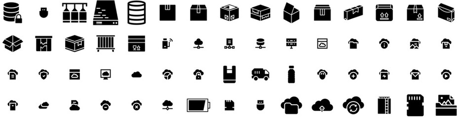 Set Of Storage Icons Isolated Silhouette Solid Icon With System, Business, Industrial, Storage, Container, Technology, Unit Infographic Simple Vector Illustration Logo