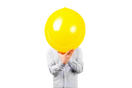man holding yellow balloon. Positive thinking concept, isolated on transparent background