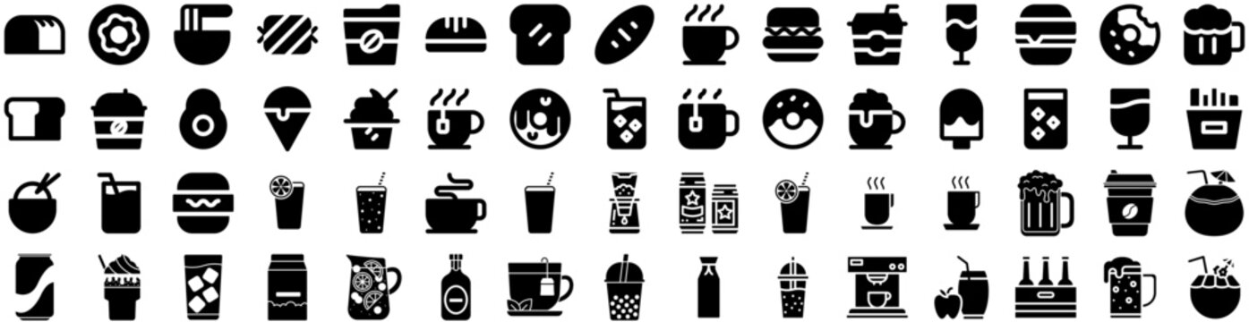 Set Of Beverage Icons Isolated Silhouette Solid Icon With Fruit, Glass, Cocktail, Beverage, Drink, Juice, Food Infographic Simple Vector Illustration Logo