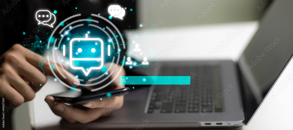 Aufkleber ai technology chat bot. businesswoman using smartphone chatting bot ai. artificial intelligence.