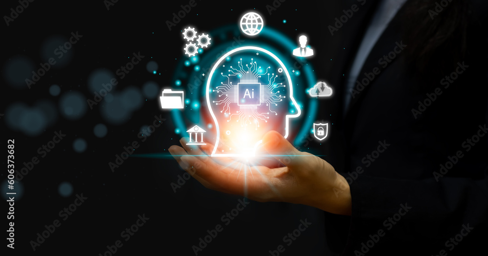 Poster ai technology. business people using smartphone chatting ai assistant. smart brain system.