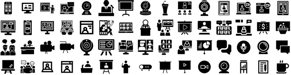 Set Of Conference Icons Isolated Silhouette Solid Icon With Conference, Businessman, Meeting, Corporate, Presentation, Business, Manager Infographic Simple Vector Illustration Logo