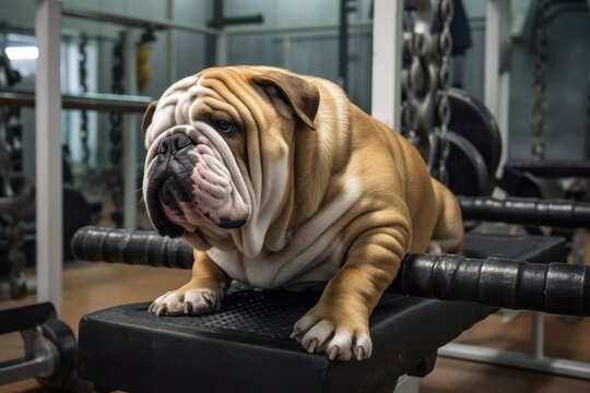 English bulldog in gym working strong on the bench