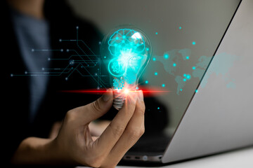 Business people holding light bulb. Creative idea smart brain AI.	Technology background concept.
