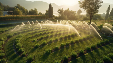 an automatic garden watering system with many sprinklers set beneath lawn. At sunset, a landscape design with lawn hills and a fruit garden is irrigated using clever autonomous sprayers. Generative Ai