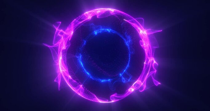 Abstract neon energy sphere made of particles, glowing spherical ball emits rays of light, nuclear science, science fiction, technology background, seamless loop.