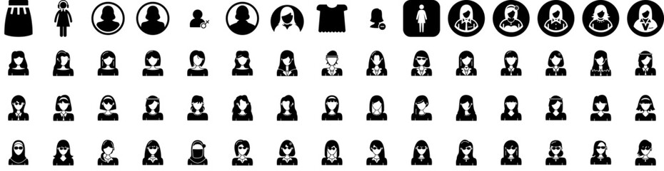 Set Of Female Icons Isolated Silhouette Solid Icon With Person, Woman, Isolated, Young, Beautiful, Female, Girl Infographic Simple Vector Illustration Logo