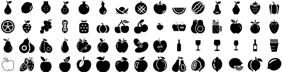 Set Of Fruit Icons Isolated Silhouette Solid Icon With Fresh, Organic, Orange, Fruit, Healthy, Food, Diet Infographic Simple Vector Illustration Logo