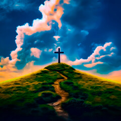 Cross standing on the top of the hill Ai generated / AI 