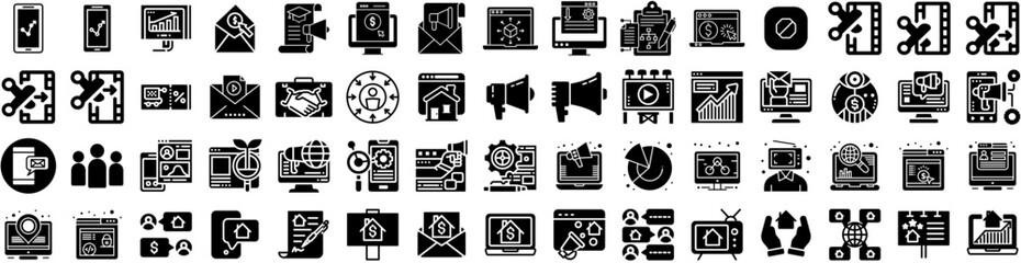Set Of Marketing Icons Isolated Silhouette Solid Icon With Business, Strategy, Technology, Digital, Media, Communication, Marketing Infographic Simple Vector Illustration Logo