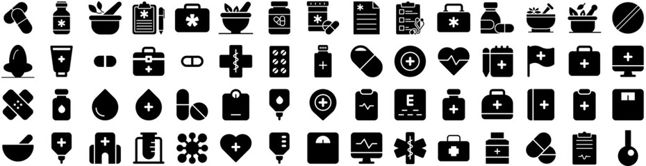Set Of Medicine Icons Isolated Silhouette Solid Icon With Prescription, Medical, Medicine, Drug, Treatment, Pharmacy, Health Infographic Simple Vector Illustration Logo - obrazy, fototapety, plakaty
