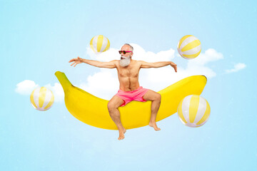 Funny pensioner collage man grey beard wear sunglass chilling on yellow banana summertime vacation discotheque isolated on sky background