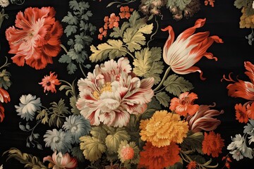 Obraz na płótnie Canvas Beautiful and elegant background of floral fabric representing spring flowers on a black backdrop. Generative AI