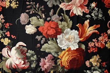 Rolgordijnen Beautiful and elegant background of floral fabric representing spring flowers on a black backdrop. Generative AI © Gelpi