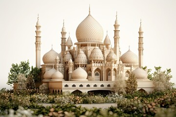 Fototapeta premium 3D illustration of an Islamic mosque with flowers and trees in a style resembling dark beige and white woodcarvings. Generative AI