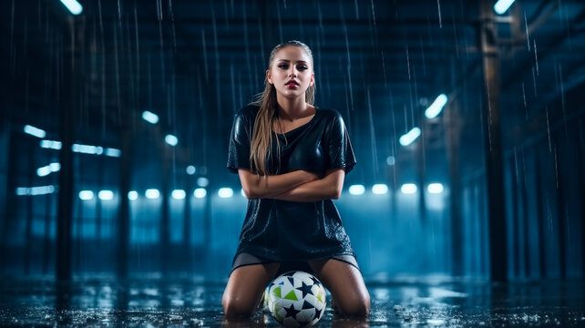 Sexy Young Girl Soccer Player with Ball at the Stadium. Beautiful Sporty Woman in fitness clothing wet body under the rain. Hot Football player teen female. generative ai