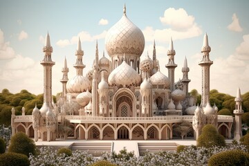 Obraz premium 3D illustration of an Islamic mosque with flowers and trees in a style resembling dark beige and white woodcarvings. Generative AI