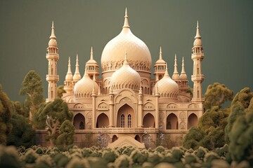 3D illustration of an Islamic mosque with flowers and trees in a style resembling dark beige and white woodcarvings. Generative AI