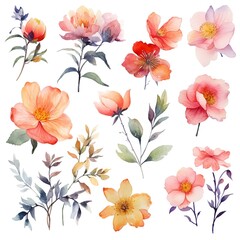 set of watercolor flowers, Generative AI