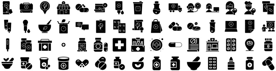 Set Of Pharmacy Icons Isolated Silhouette Solid Icon With Health, Medicine, Drugstore, Medical, Store, Pharmacy, Medication Infographic Simple Vector Illustration Logo