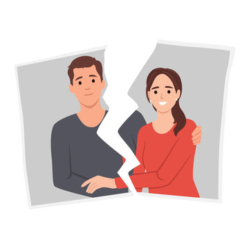 Couple conflict concept. Woman crying hand ripping photo of the couple vector illustration. portrait of happy spouses or picture with family memories. Flat vector illustration isolated on white backgr