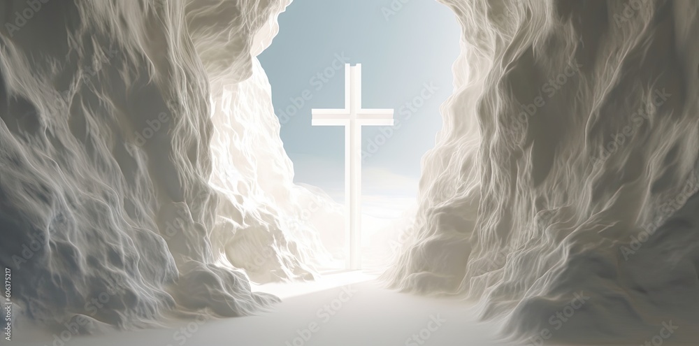 Wall mural cross representing the catholic and christian religion in a white cave illuminated by the sun. creat