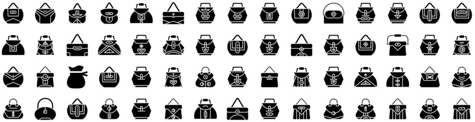 Set Of Pouch Icons Isolated Silhouette Solid Icon With Up, Package, Food, Pouch, Product, Bag, White Infographic Simple Vector Illustration Logo