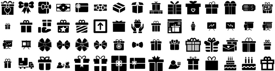 Set Of Present Icons Isolated Silhouette Solid Icon With Surprise, Gift, Holiday, Ribbon, Present, Box, Package Infographic Simple Vector Illustration Logo