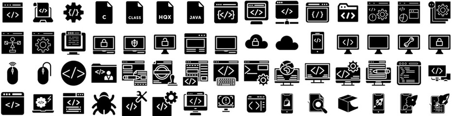 Set Of Programming Icons Isolated Silhouette Solid Icon With Code, Technology, Web, Coding, Program, Software, Computer Infographic Simple Vector Illustration Logo